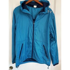Under Armour Jacket Womens Medium Blue Geo Hooded Windbreaker Fitted Full Zip